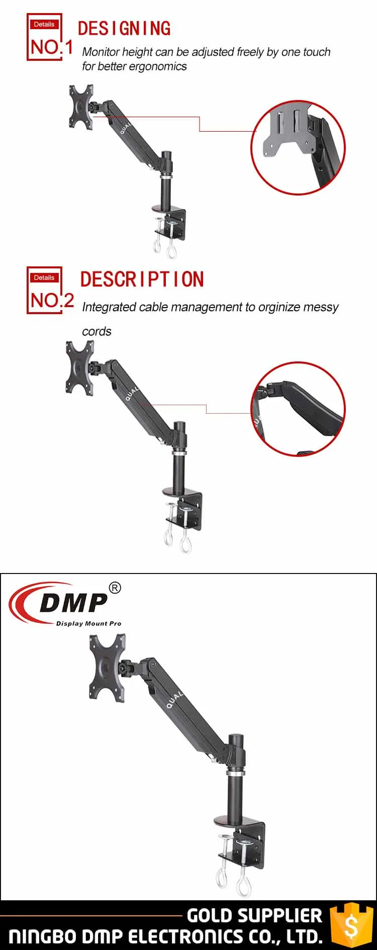 GS351S Gas Spring 13" ~ 27" Lcd Tv Monitor Arm Wall Mount Computer Accessories