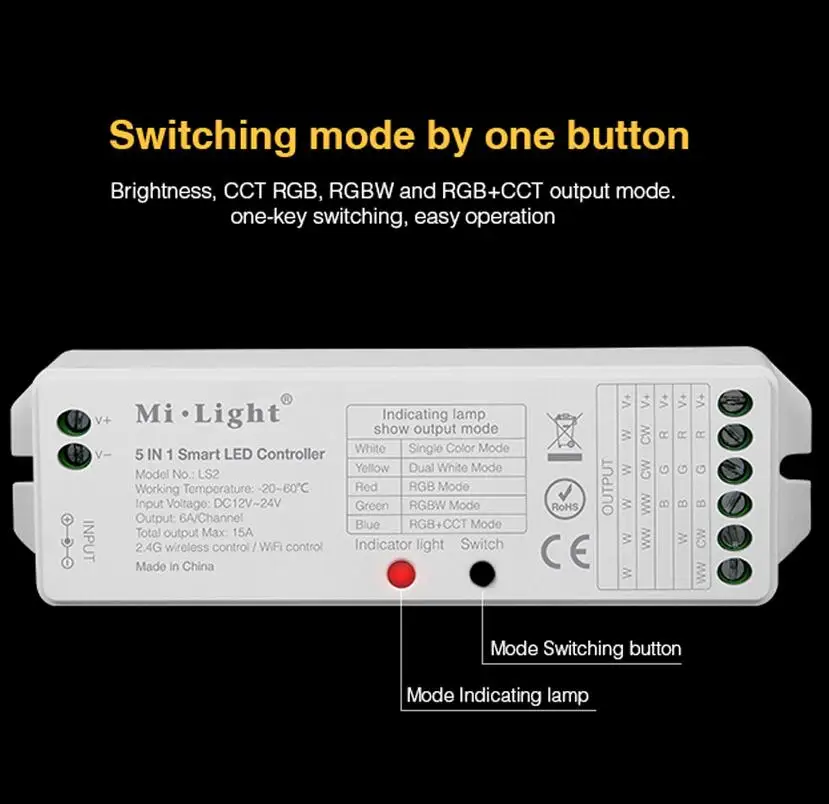 2.4G wireless control Mi.Light LS2 DC12V-24V 5 in 1 Smart LED Controller for Single Color CCT RGB RGBW RGB+CCT LED Strip light