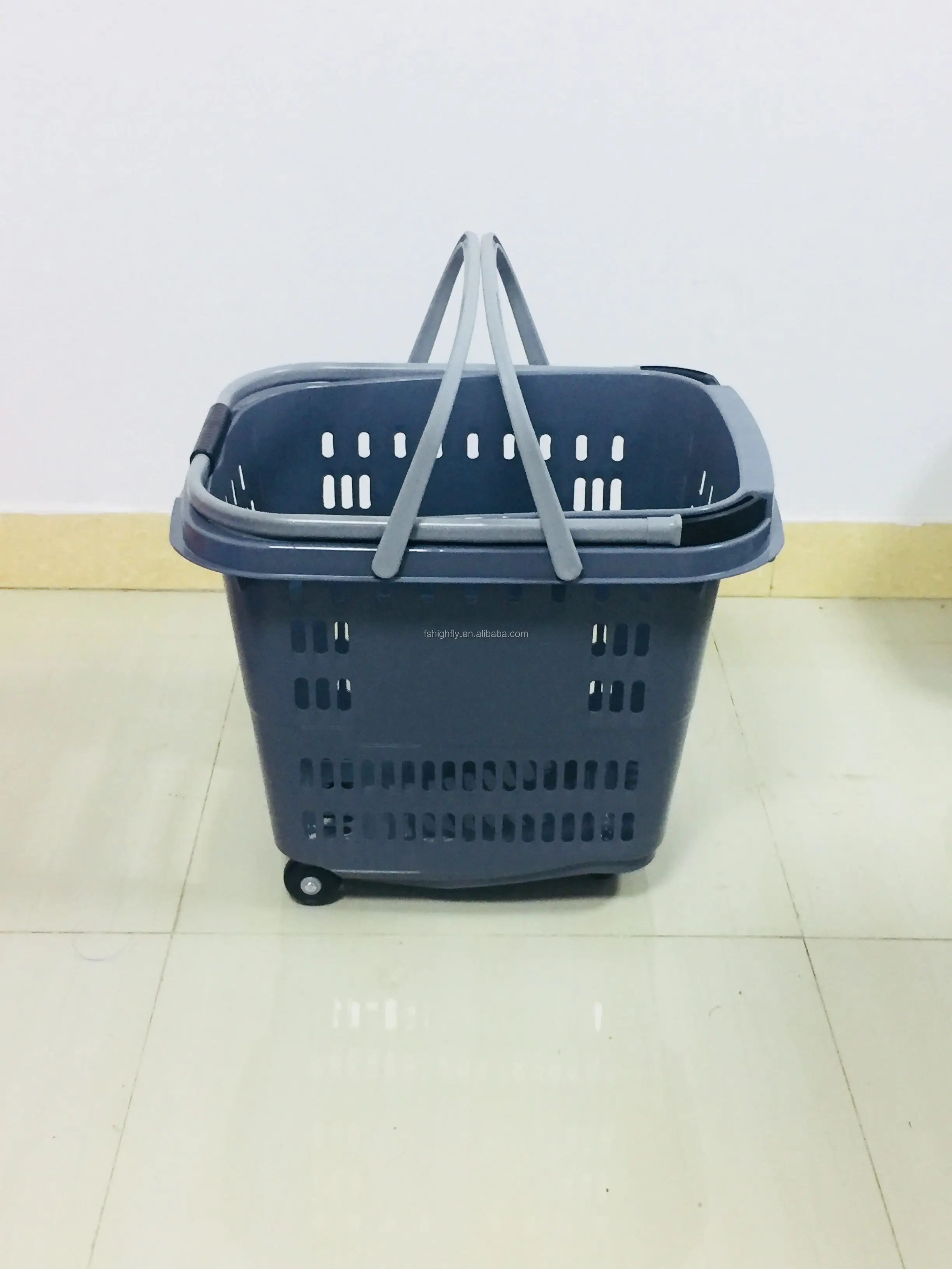50l Supermarket Plastic Handle Rolling Basket,Plastic Trolley Rolling