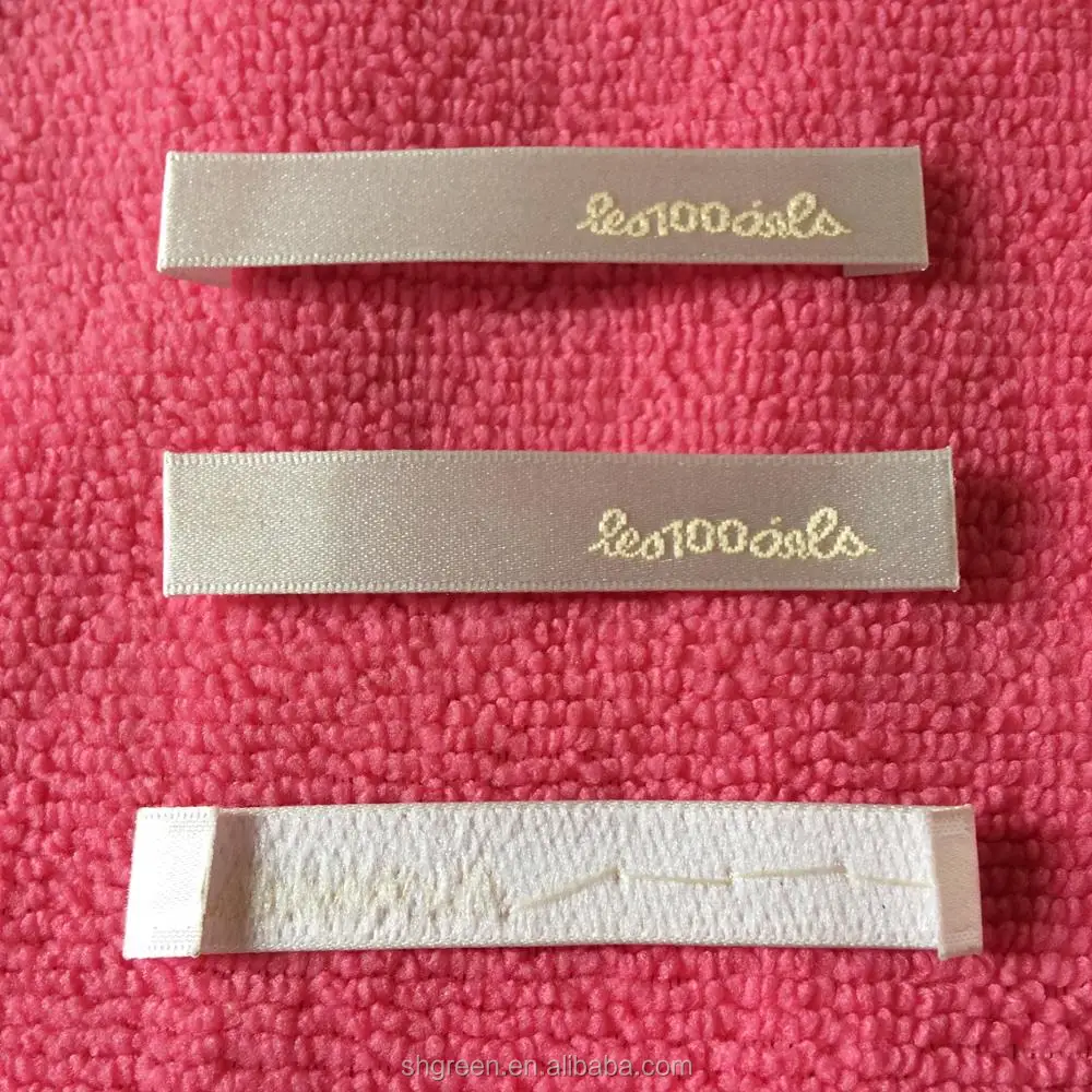 Embossed Logo White Satin Woven Label,Satin Fabric Label With Glossy