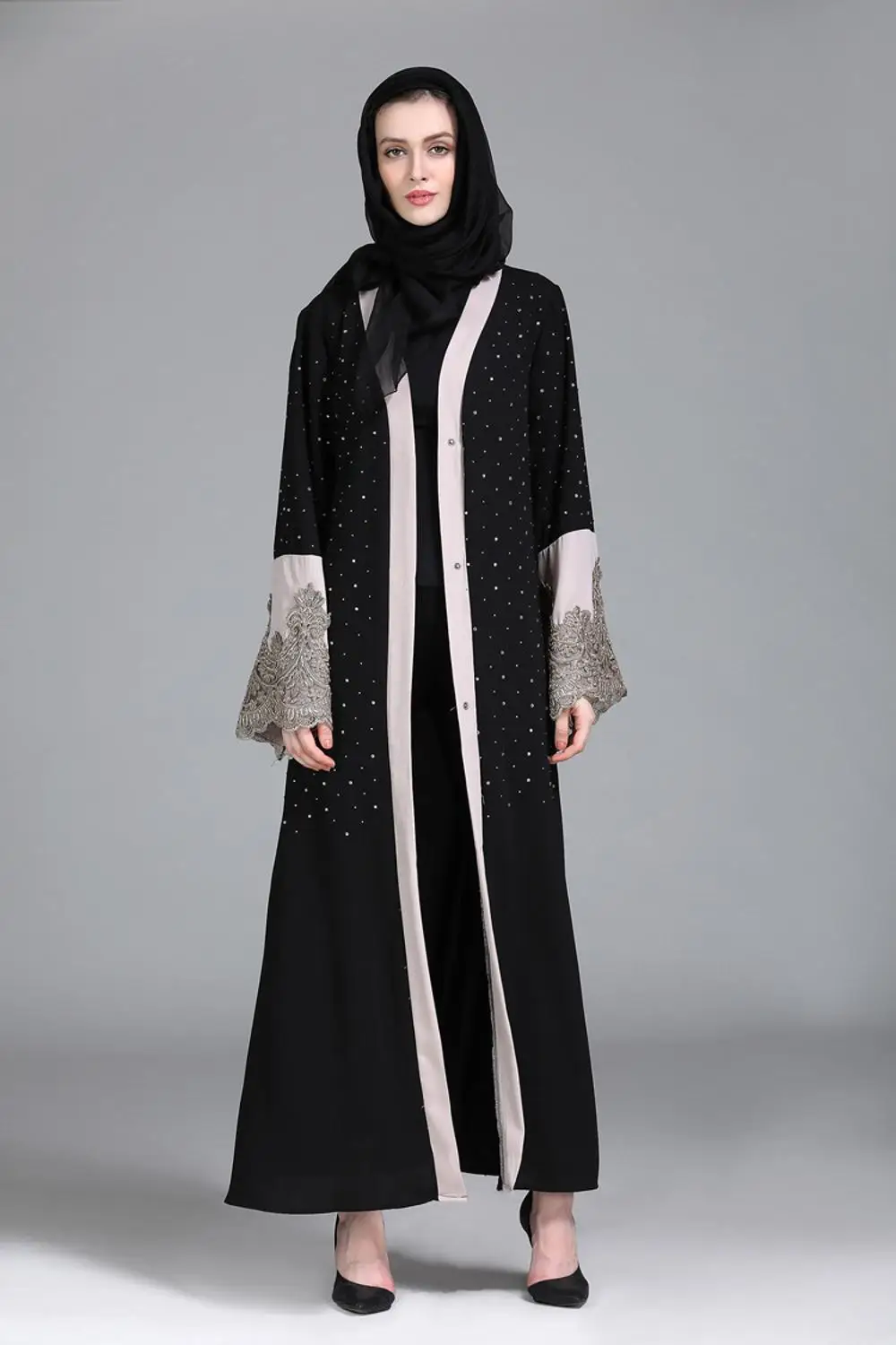 Elegant Beading Muslim Abaya Embroidery Full Dress Lace Cardigan Long ...