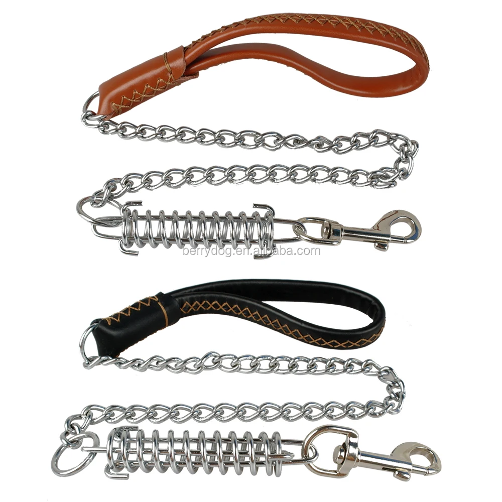 Heavy Duty Chain Spring Dog Lead With Round Leather Handle Buy Metal