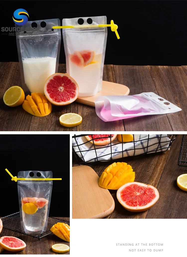 Hand-held Clear Frosted Reclosable Biodegradable Drink Pouch With