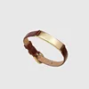 Brown Leather Gold Plated Stainless Thin Personalized ID Bracelet - Adjustable - Item