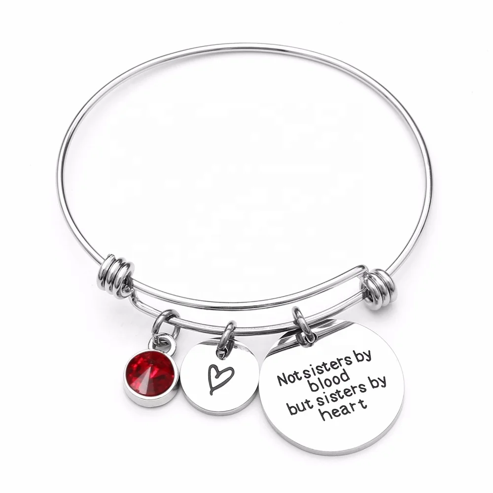 Sisters Engraved Stainless Steel Heart Shape Adjustable Charm Bracelet