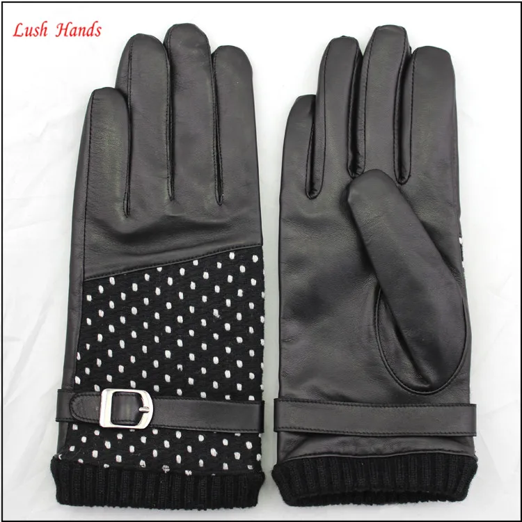 ladies wholesale fashion genuine leather sheepskin hand gloves black with woolen
