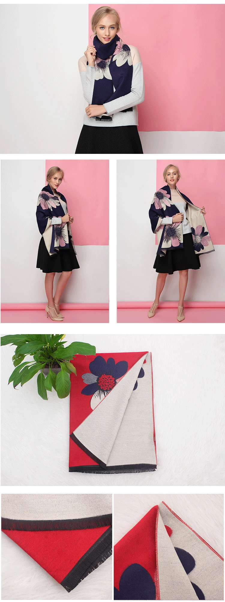 Double Sided Available Fashion Winter Pashmina Jacquard Scarf Big Flower Warm Wraps 100% Cashmere Shawl Scarf Women