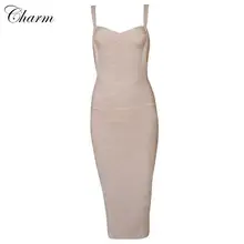 2016 New arrival nude spaghetti straps criss cross mid calf length bandage dress summer style evening party sleeveless dresses