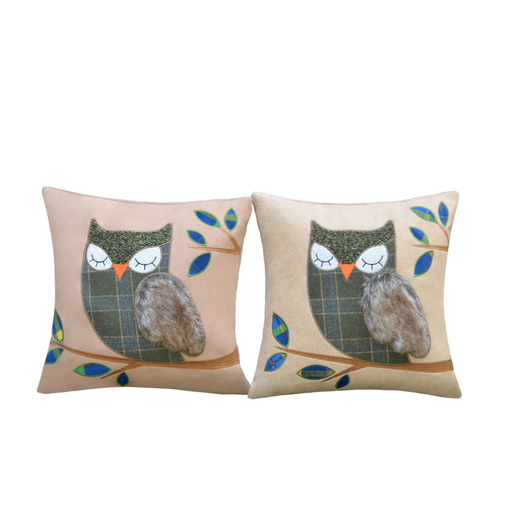 Wool Viscose Blend Owl Embroidery Cushion Cover Home Office Sofa