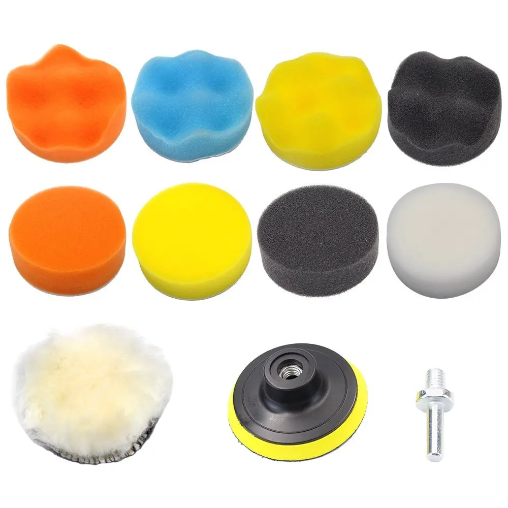 Md Trade 11PCS 3"/80mm Compound Drill Buffing Sponge Pads Kit for Car Sanding, Polishing, Waxing, Sealing Glaze (9 Polishing Pads,1 Woolen Buffer, 1 Thread Drill Adapter with Shank)
