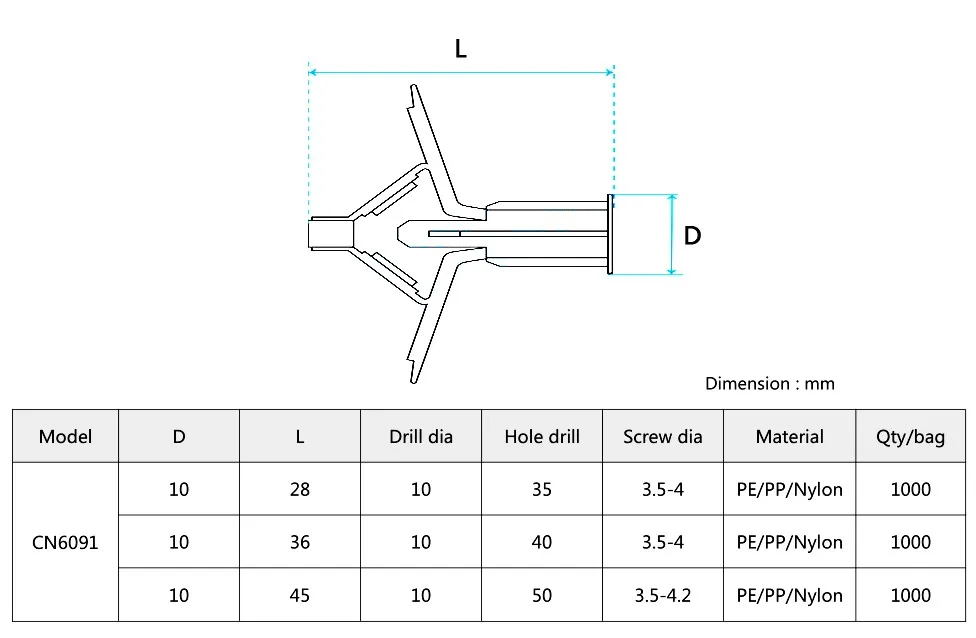 Plastic Nylon Butterfly Wall Plug Anchor With Stainless Steel Screw