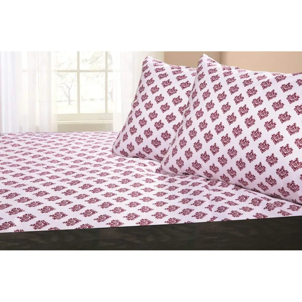 4 Piece Burgundy White Classic Damask Print Sheets Queen Set, Luxurious Red Motif Floral Patterned Bedding Sheet Hippie Abstract Bohemian Design, Solid Colors, Modern Style, Soft Polyester Microfiber