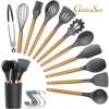 11 Pieces Natural Wooden Handles Silicone Cooking Utensils Kitchen Utensil Set
