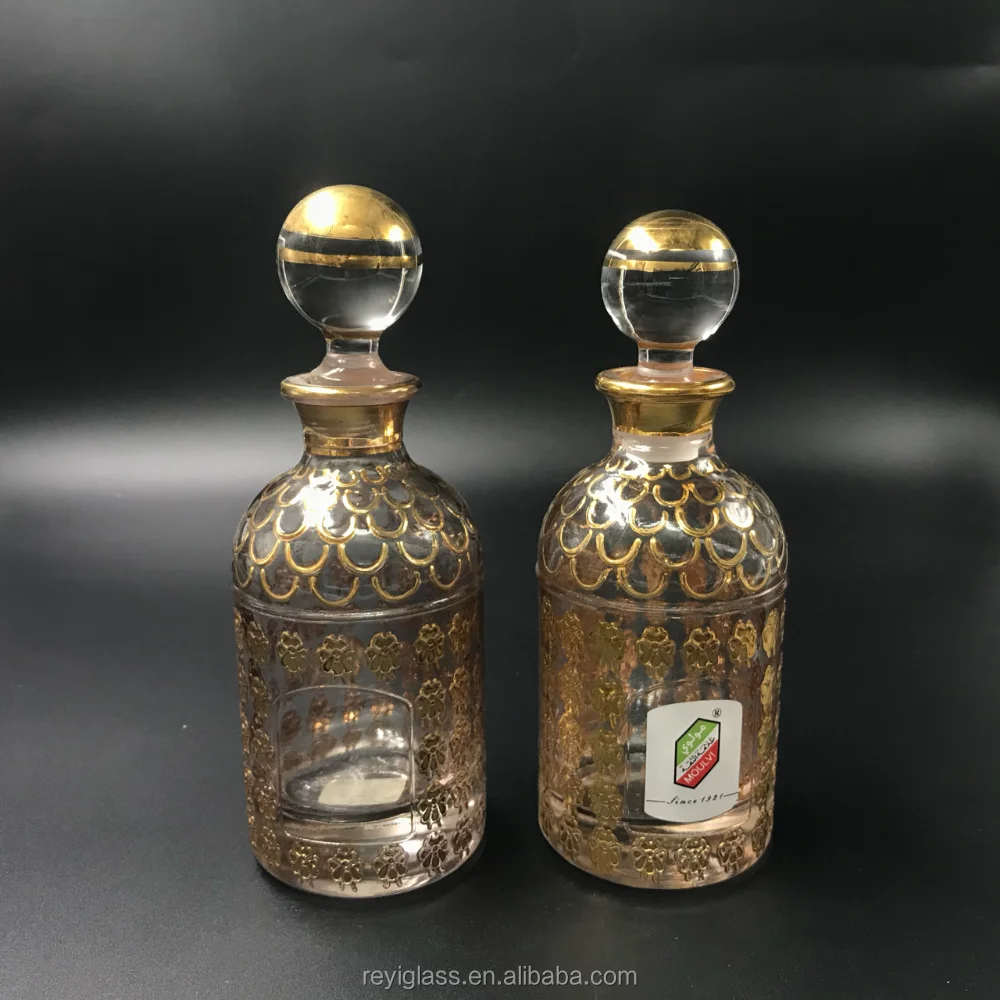 2021 Hot Sale Arabic Attar Bottle Display Golden Decanter Bottle Glass