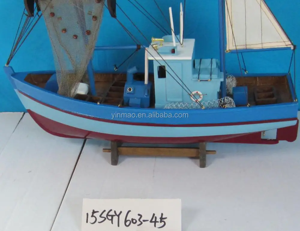 Wooden Crab Boat Model With 2 Fishing Nets,Blue 45x14x37cm,Fishing