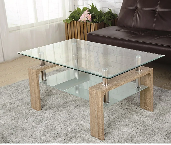 Modern hot living room furniture MDF Legs  clear glass top with shelves centre table Coffee Table