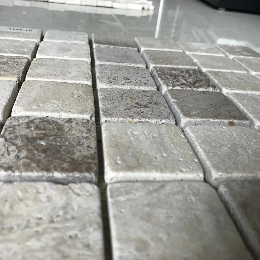 Chinese beige natural travertine stone mosaic outdoor floor mat tiles with mesh backing