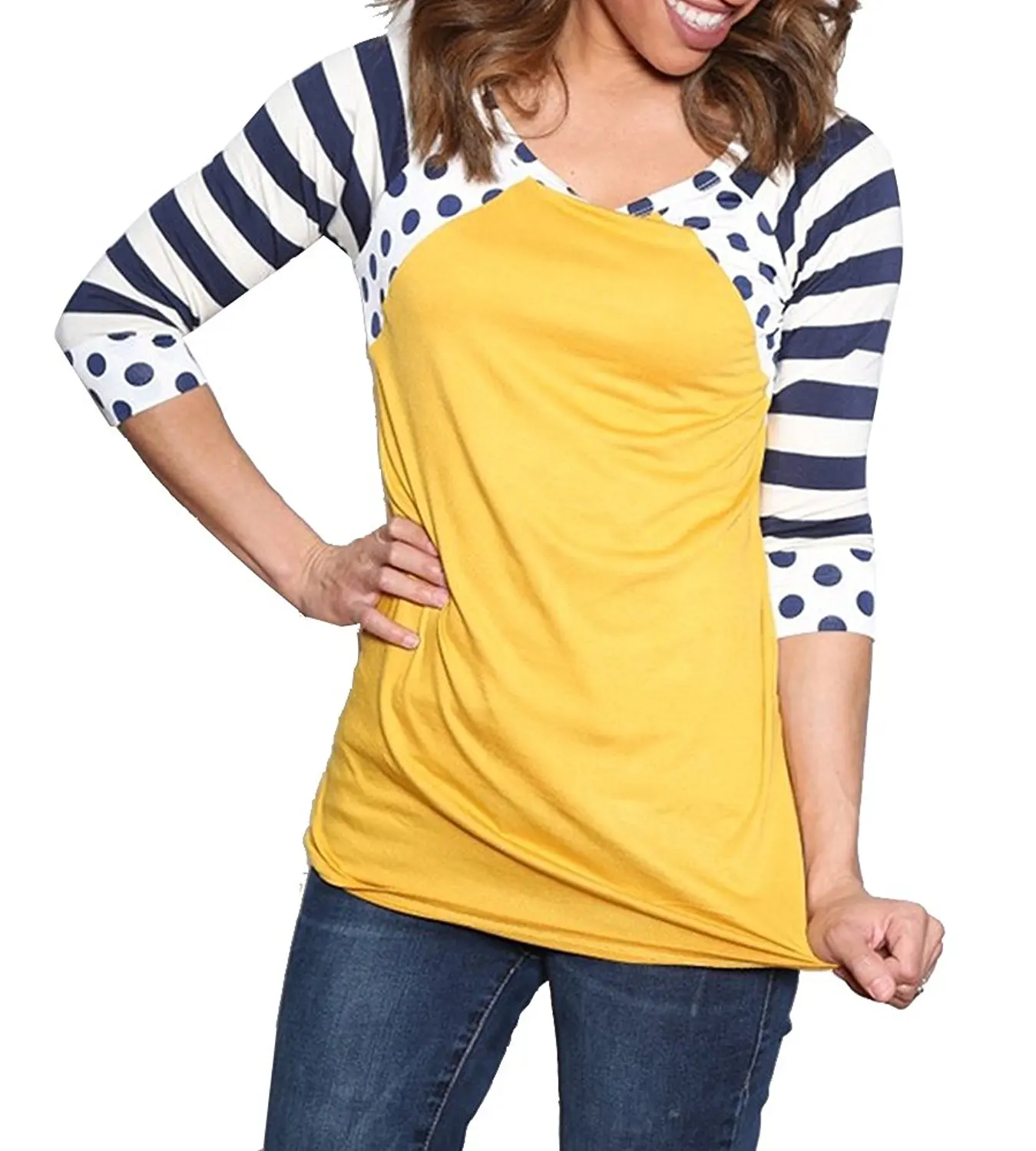 MEROKEETY Women's Polka Dots Shirt Striped 3/4 Sleeve Casual Scoop Neck Tops Tee