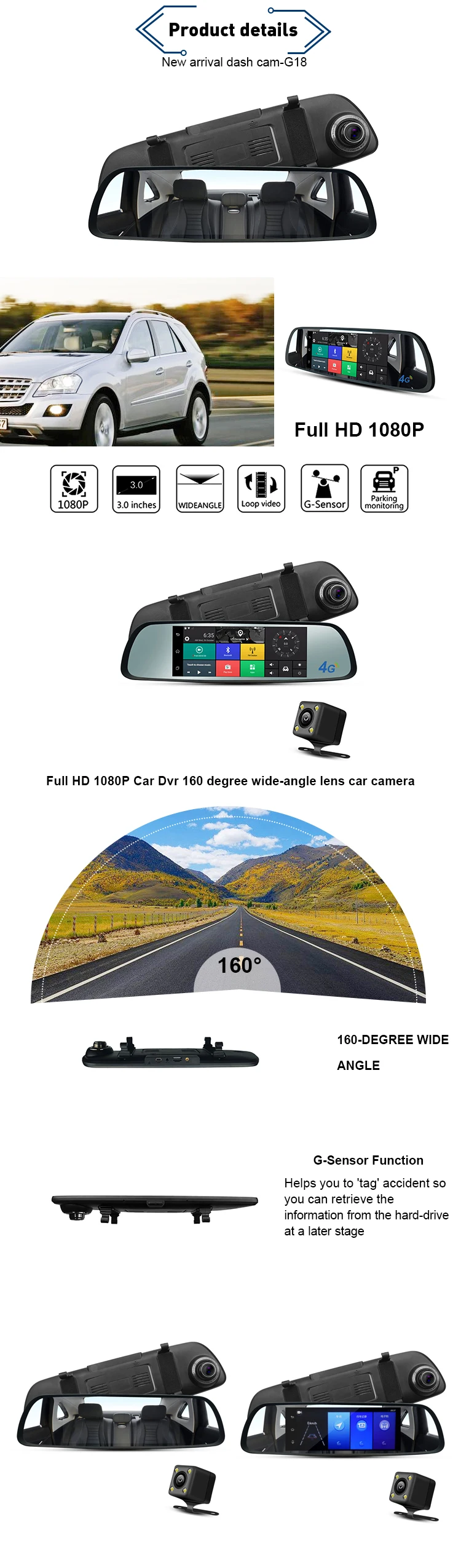 High quality 4G touch screen remote control rearview mirror dash cam android sim card car camera