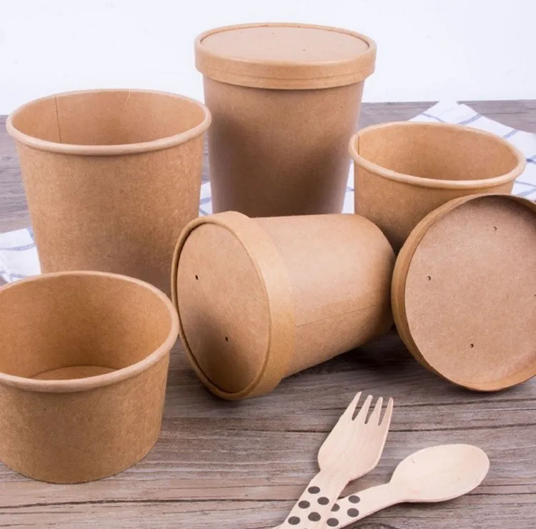 Microwaveable Kraft Take Out Cup With Lid Biodegradable Hot Soup Paper