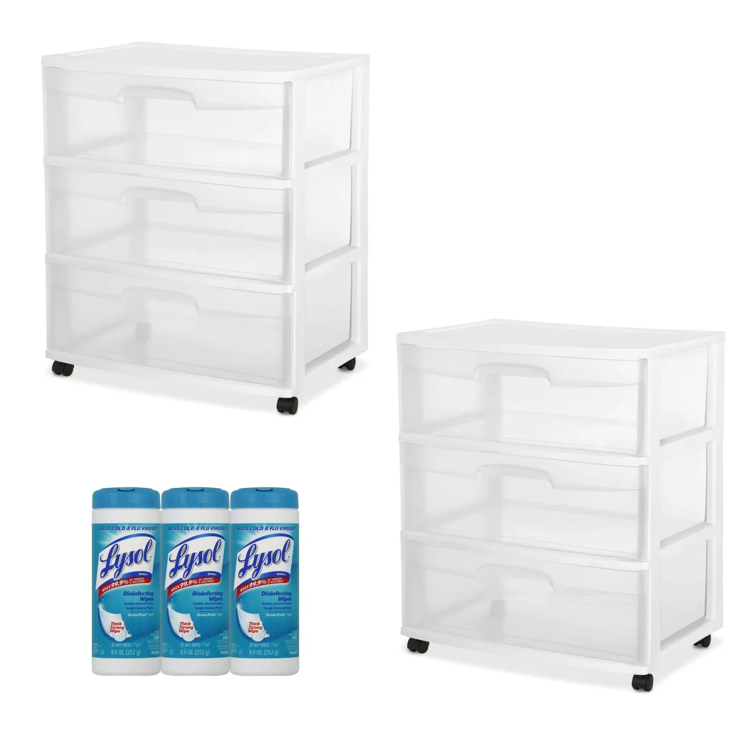 Sterilite 3-Drawer Wide Cart White Frame with See-Through Drawers, 2-PACK with Lysol Disinfecting Wipes, 105 Count