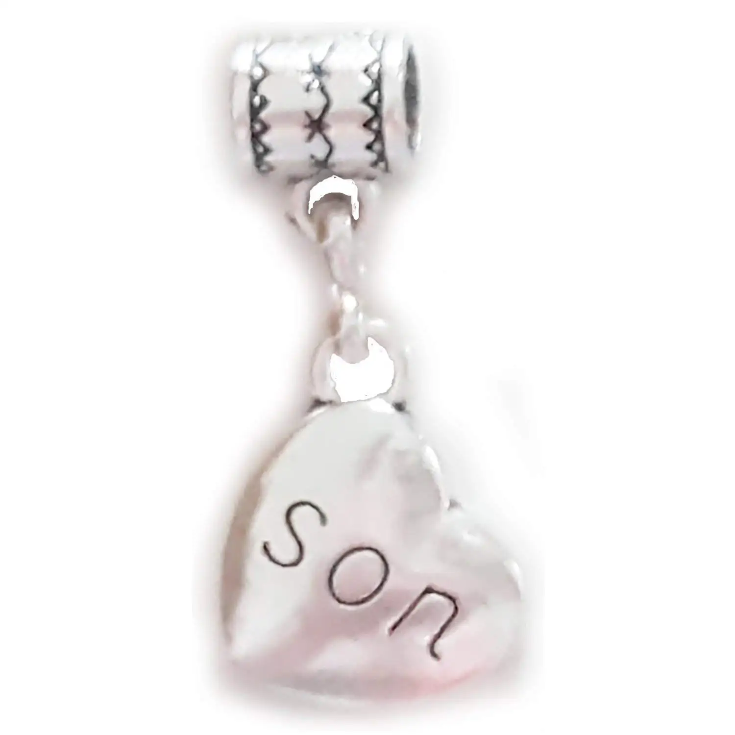 "Son charm " is a Tibetan Silver Hanging heart-shaped charm by Mossy Cabin for large hole snake chain charm bracelets, or to add to a neck chain, pendant necklace or key chain