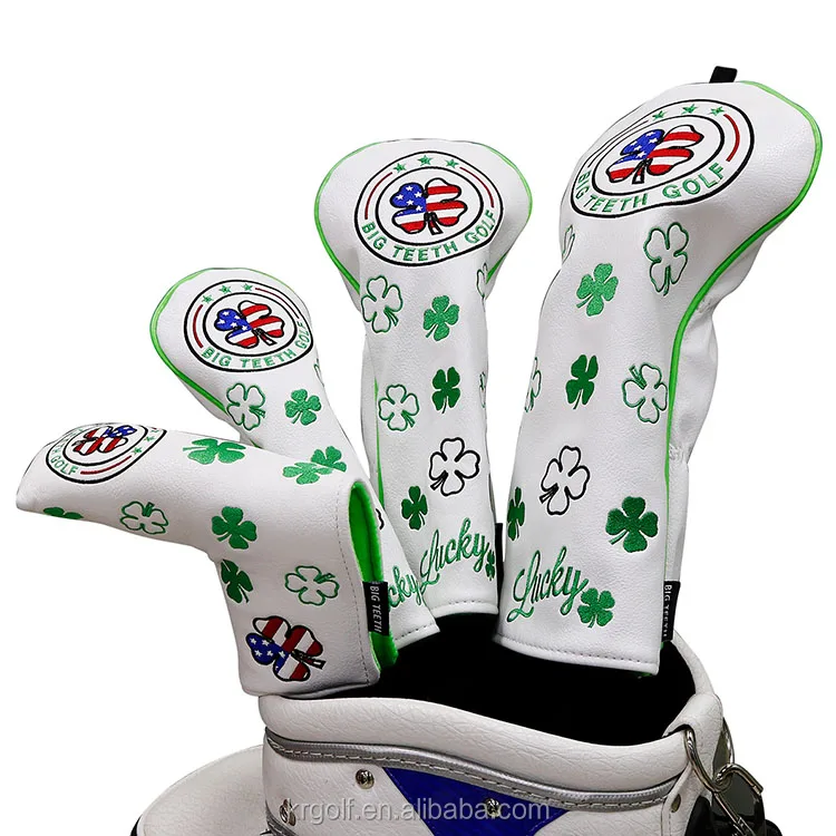 Custom Golf Wood Headcover 3pcs Set Pu Leather With Four Leaf Clover