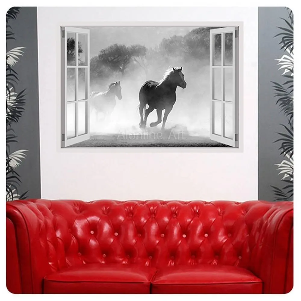 Alonline Art - Wild Horse Running Fake 3D Window Vinyl STICKER Decal Rolled +GIFT 34"x24" - 85x61cm Painting Paints Posters Wall Decor Sticker Mural Stickers Wall Decals Adhesive Vinyl Decal Prints