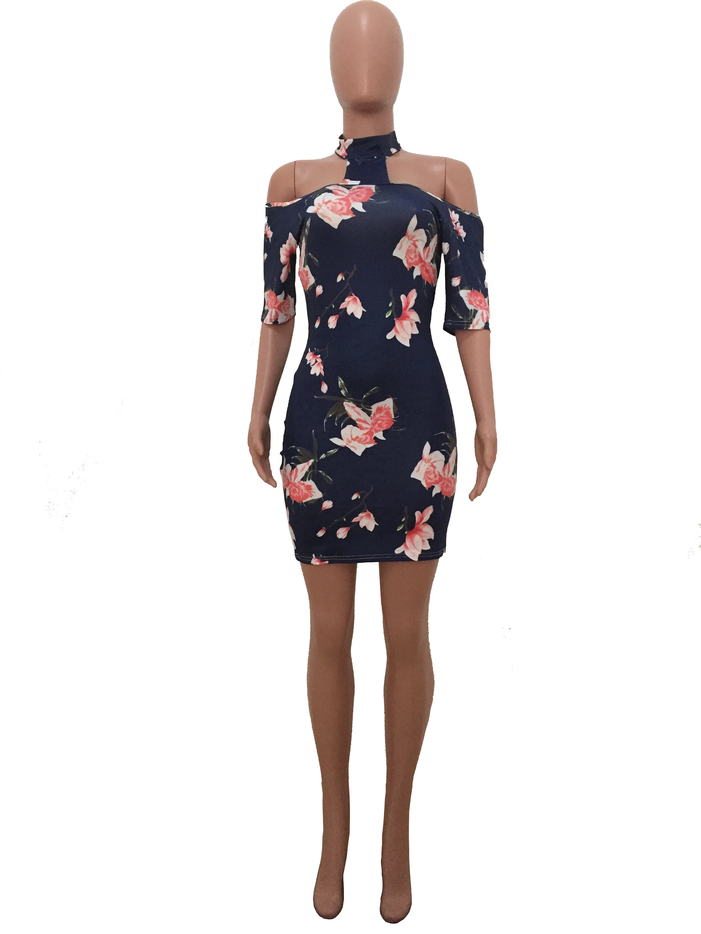 Halter Fashion Slash Neck Woman Sexy Short Sleeve Designer One Piece Party Floral Print Dress 