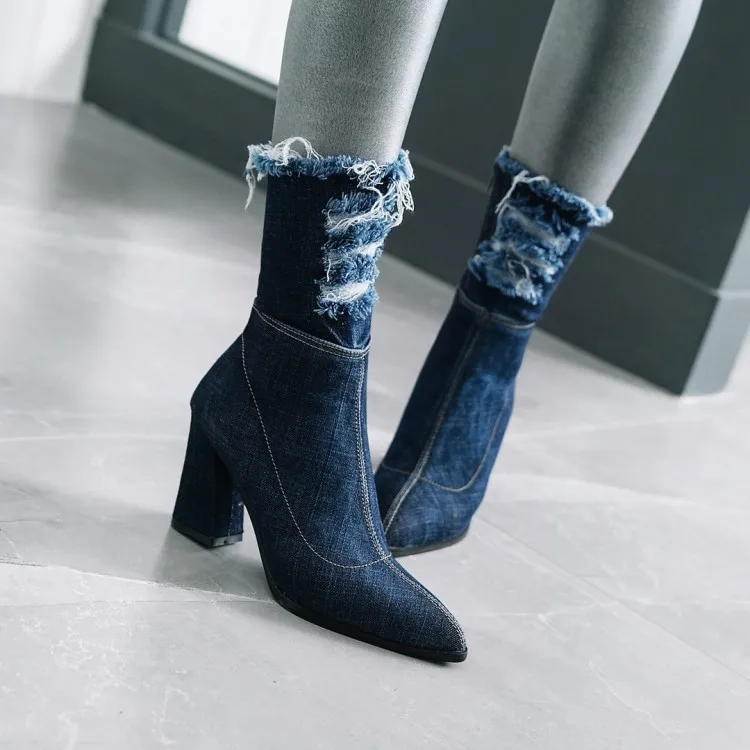 Sexy Denim Cowboy Boots Women Shoes Ankle Booti