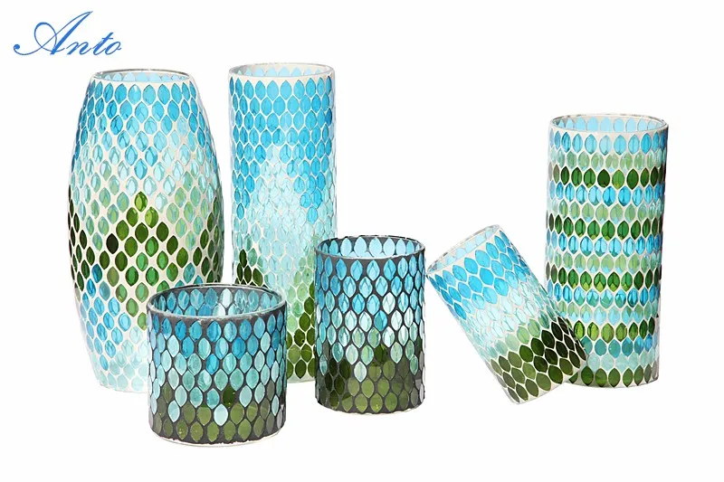Glass Mosaic Mirror Vases Candle Holders Drum And Cylinder Shape For