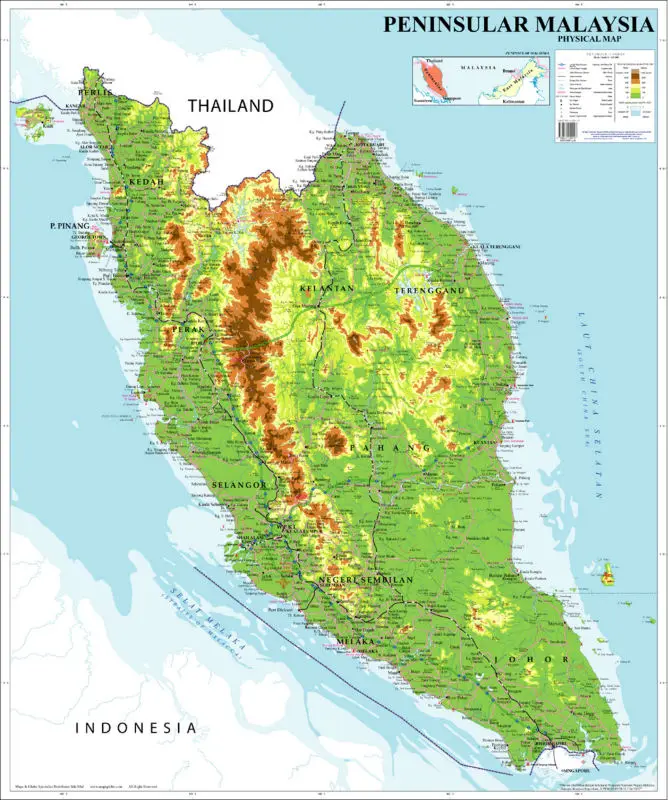 mapa fisico de malasia Mapa Físico De Malasia Peninsular   Buy Mapa Físico De Malasia 