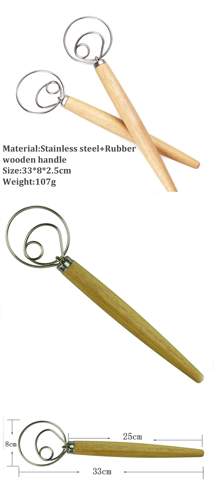 Home and Kitchen Use Wood Handle Danish Dough Whisk