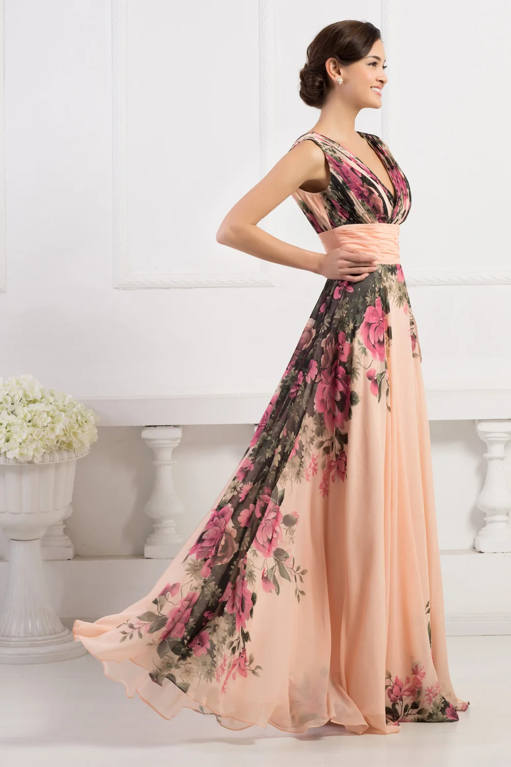 Grace Karin Sleeveless V-neck Flower Pattern Chiffon Ball Gown Evening ...