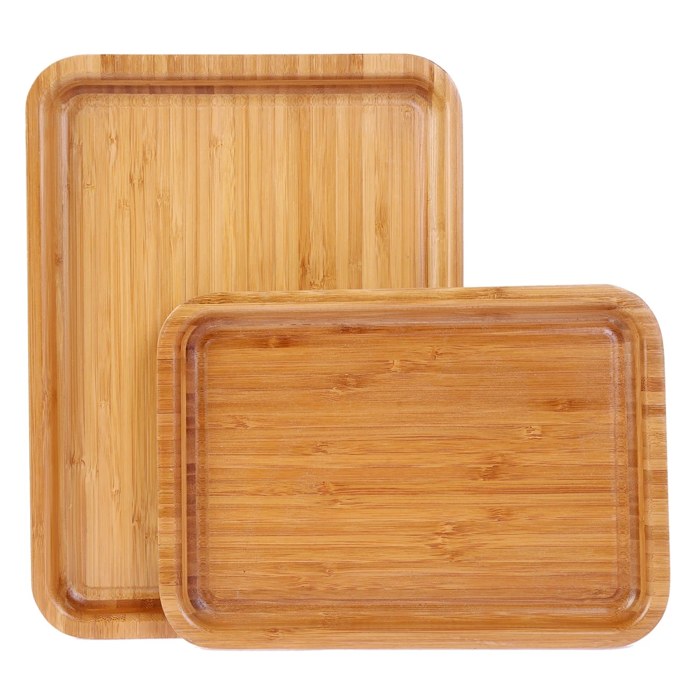 Ecofrinendly Thick 2pcs Bamboo Service Tray With Juice Groove Bamboo