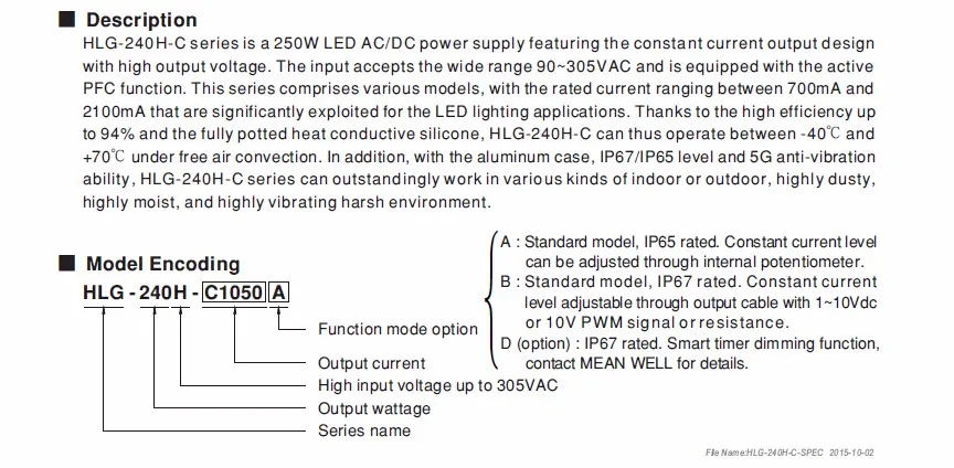HLG-185H-12A MEANWELL AC-DC Single Output LED Driver Mix M