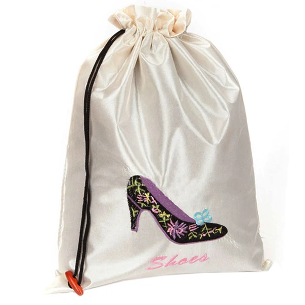 Custom Embossed White Silk Satin Drawstring Dust Shoe Bag Oversized Large Laundry Storage String Pouch Sack With Print Logo
