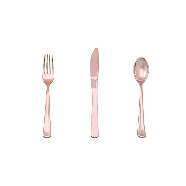 Disposable Tableware Rose Gold Plastic Cutlery Plate And Cup Set Buy