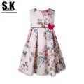 S K High end Clothing 2016 Summer Flowers Printed Girl Dress Wedding with Bow Sleeveless Princess