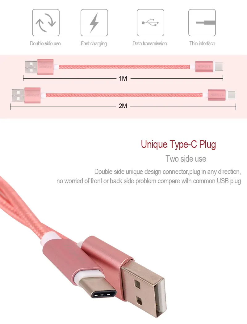 Hengye 1M 3FT Nylon Braided Cord 2A Metal Charger Data Sync Charging Usb Type C Cable 3.0