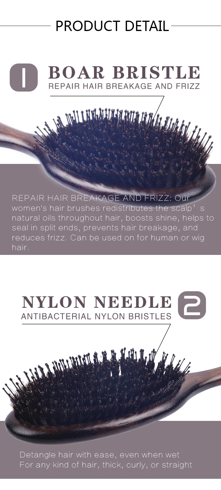 EUREKA 9265PA-BR Engraved Wooden Nylon Pins Hair Brush Rubber Wood Hair Brush Massage Classical Style Hair Brush