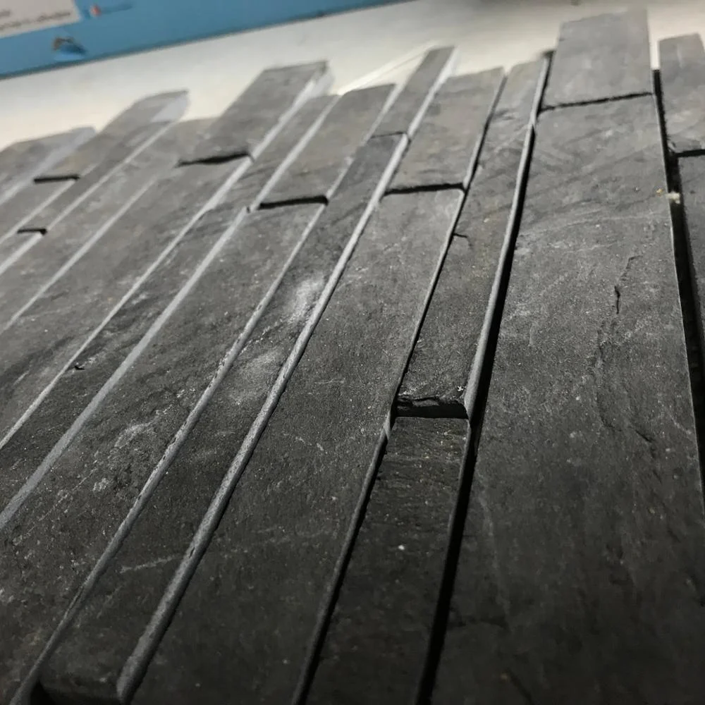 Chinese natural split strip interlock black slate mesh mosaic wall tile and floor paver tiles