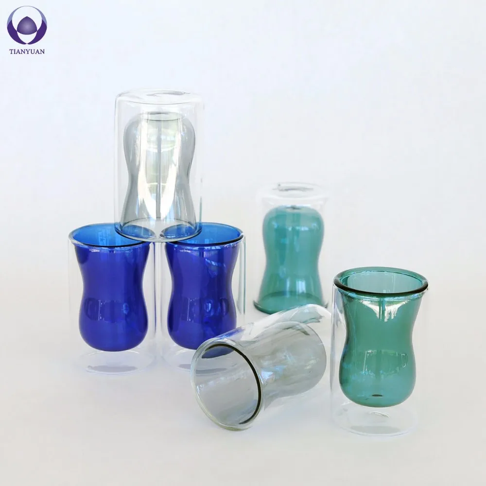 Custom Blue Color Borosilicate Double Wall Glass Cup Amber Glass Bottle