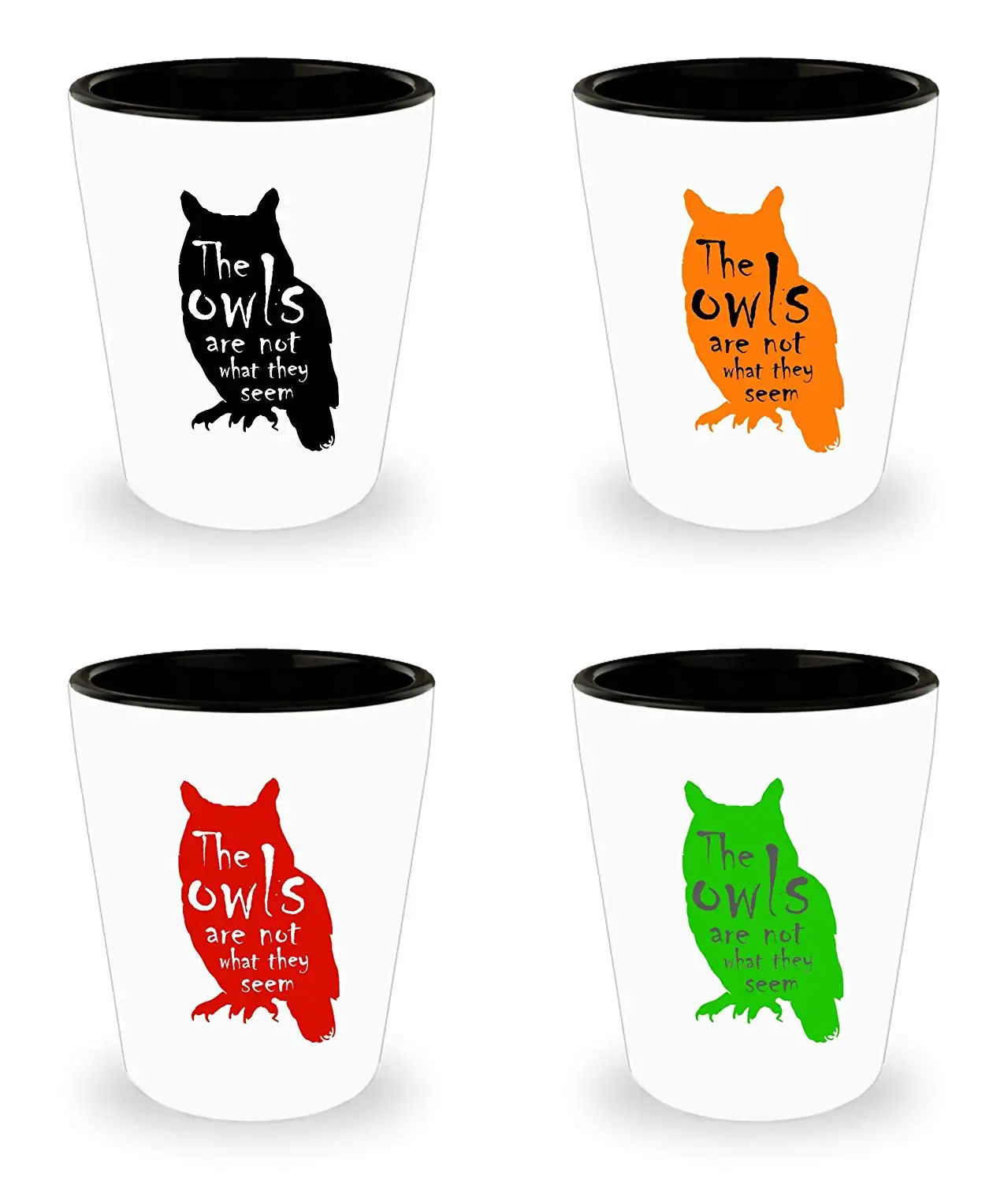 Owl Shot Glass Set - Not What They Seem Set of 4 Quote Shotglasses for Peak Freaks for Gift Twin Classic Series - Ceramic - White