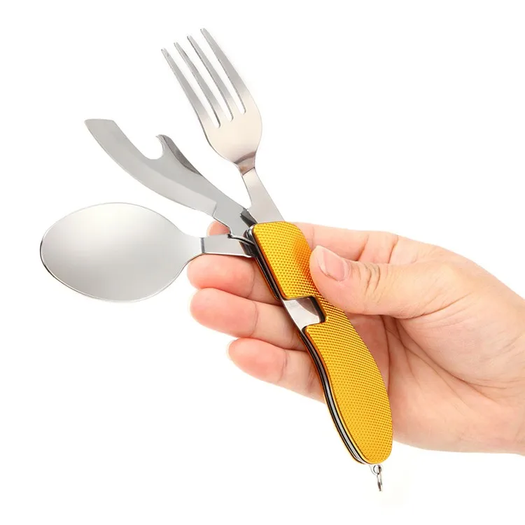 4 In 1 Portable Folding Knife Fork Spoon Combined Multifunctional Camping Flatware Set Outdoor