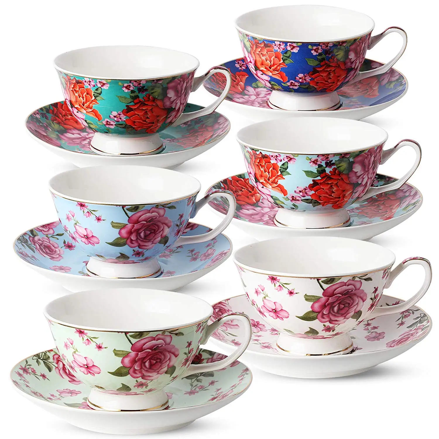 Tea Cups, Tea Cups and Saucers Set of 6, Tea Set, Floral Tea Cups (7oz), Ca...