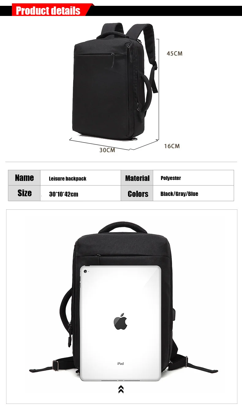 3IN1 waterproof multifunctional unisex USB charging port laptop school backpack rucksack back pack messenger bag satchel 2017