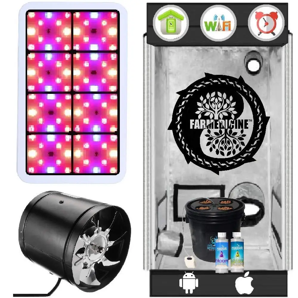 Farmedicine WiFi Smart Hydroponic Grow Kit - 24L × 24W × 48H (Inch) Indoor Greenhouse Grow Tent/Smart 4 Site Hydroponic Pump & Reservoir/Smart 800W LED Grow Light/Smart 4 Inch Inline Duct Fan
