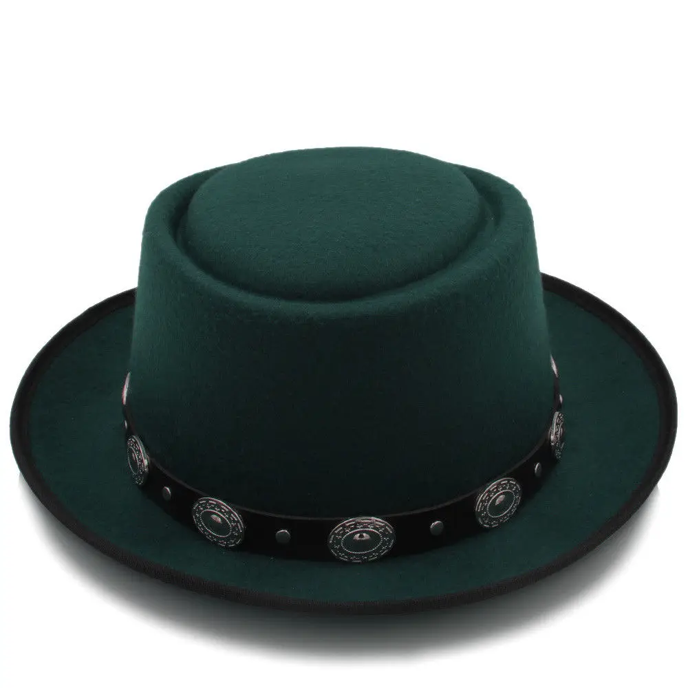 LTH-GD Winter Cap&Hat For Gentleman Porkpie Church Fascinator Trilby Hat Size 58CM Men Women Winter Pork Pie Hat With Punk Belt Fedora Hat Color : Army Green, Size : 58 