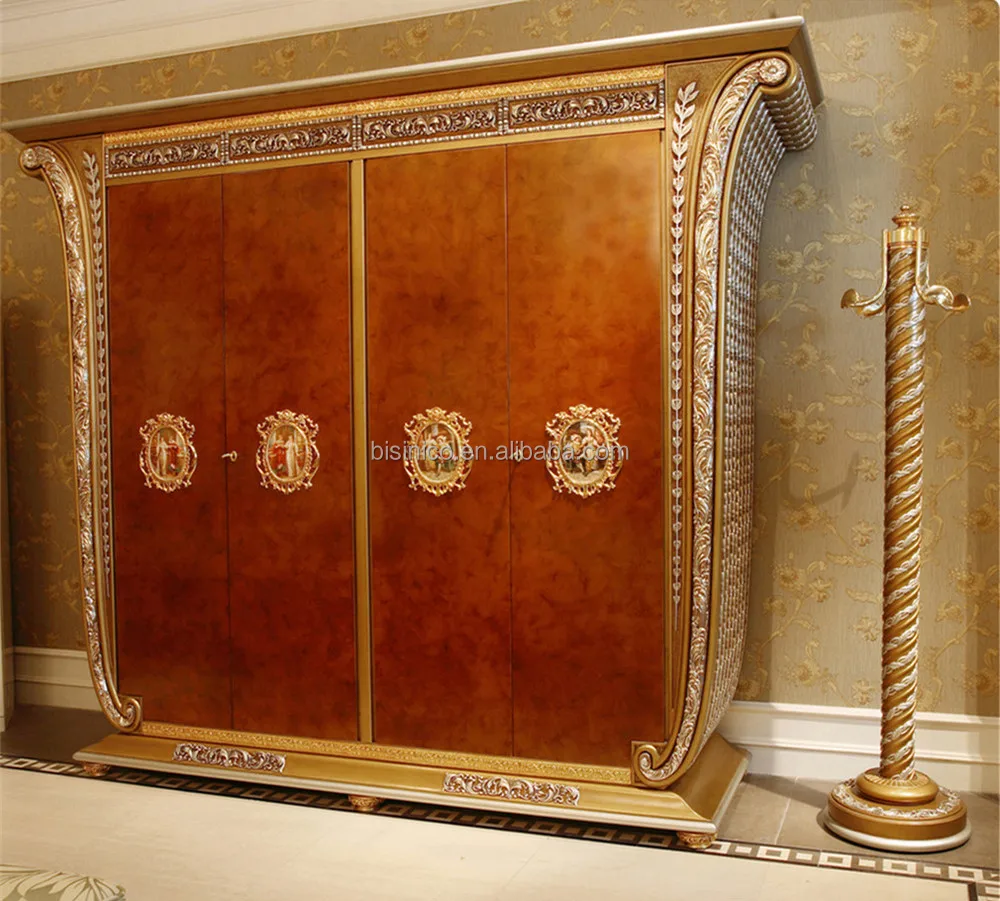 Luxury French Baroque Style Wood Carved Four Door Wardrobe Closet